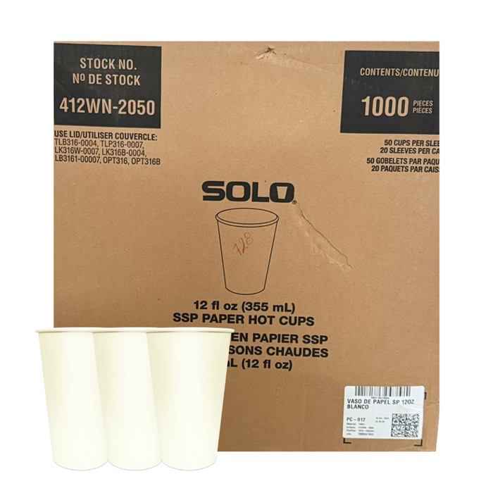 Vaso Bebida Caliente Solo Papel Blanco 12 Oz Caja 1,000 Piezas